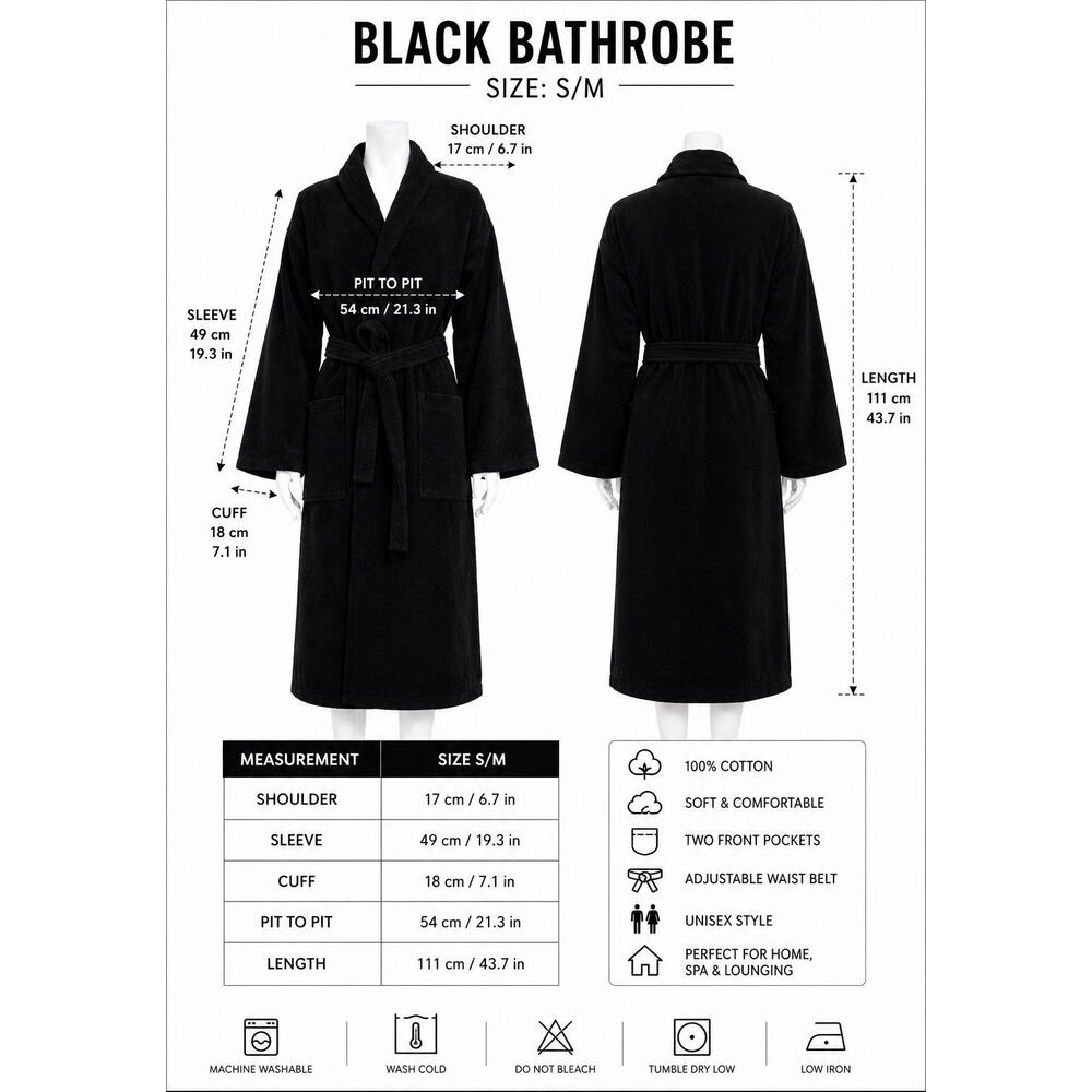 Black Bathrobe 100% Cotton Unisex Soft Spa Robe S/M Turkish Towel Belted Pockets - Picture 4 of 6